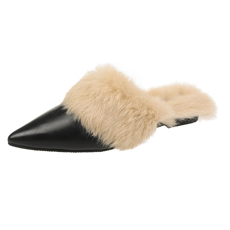 Ebbie Fur Pointed Toe Flat Slippers