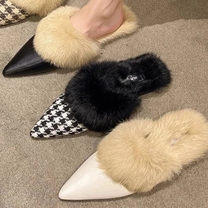 Ebbie Fur Pointed Toe Flat Slippers